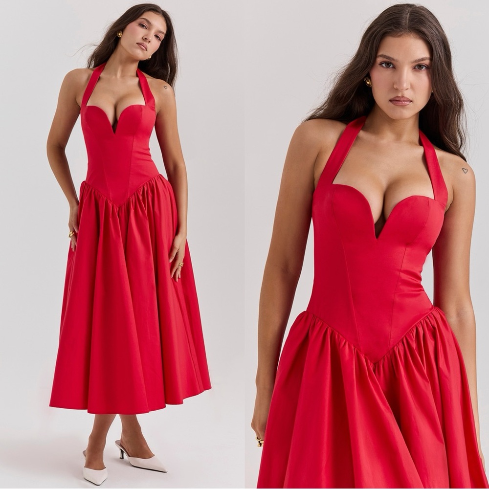 HOUSE OF CB “COQUETTE” SCARLET HALTER MIDI DRESS - Picture 2 of 5